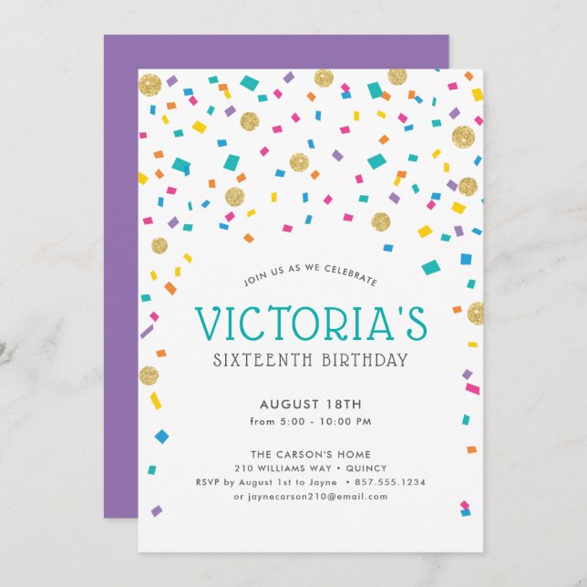Convite Festa de Aniversário Colorida com Confetes (Frente/Verso)
