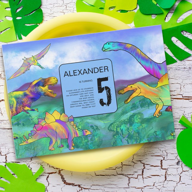 Convite festa de aniversário colorida de dinossauro (Dinosaur 5th birthday party invitation colorful watercolor T-Rex velociraptor stegosaurus pterodacty)