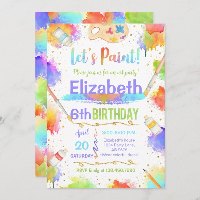 Convite Festa de aniversário Colorida de Pintura de Vamos (Frente/Verso)