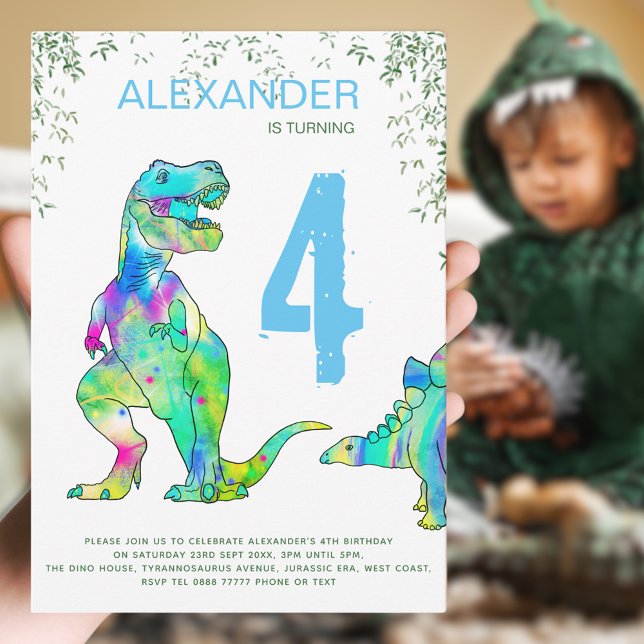 Convite Festa de aniversário Colorida do Dinossauro (Dinosaur Boy’s birthday party invitation colorful T-Rex and Stegosaurus dino modern blue typography )
