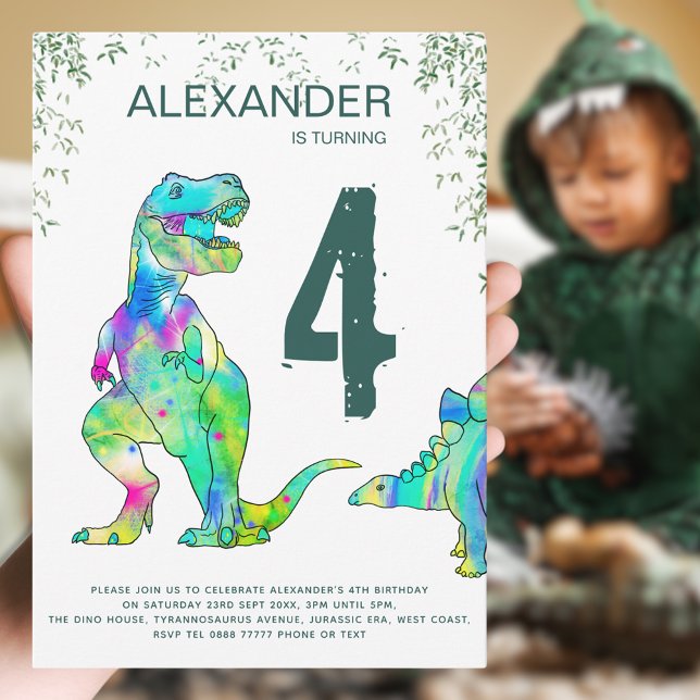 Convite Festa de aniversário Colorida do Dinossauro (Dinosaur boys 4th birthday party invitation colorful T-Rex and Stegosaurus dino green jungle theme)