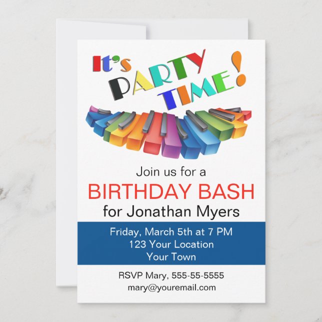 Convite Festa de aniversário Colorida do Teclado (Frente)