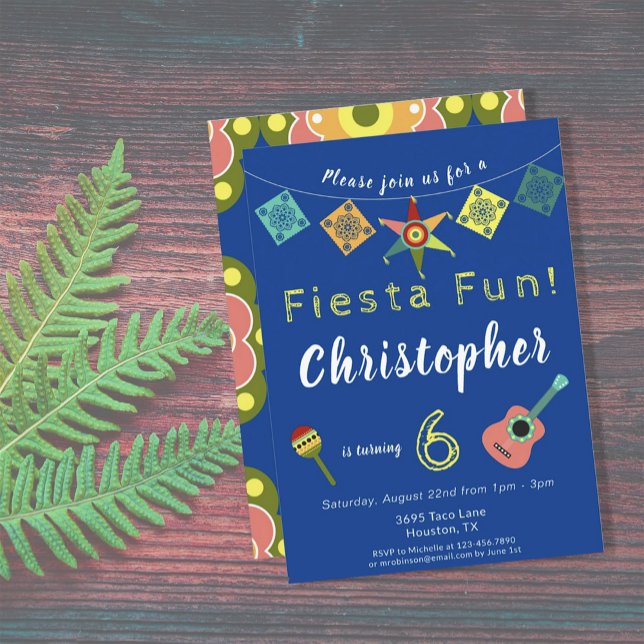Convite Festa de aniversário Colorida Fiesta Boys (FIESTA FUN BLUE BIRTHDAY INVITATION)