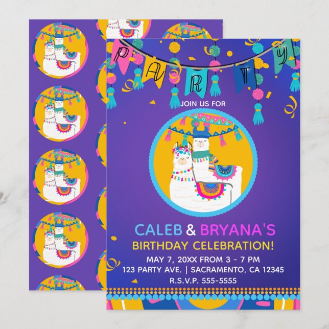 Convite Festa de Aniversário Colorida Llama Roxo Azul Amar (Frente/Verso)