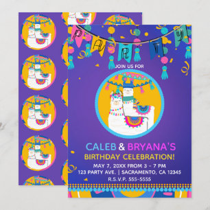 Convite Festa de Aniversário Colorida Roxa Azul Amarela de