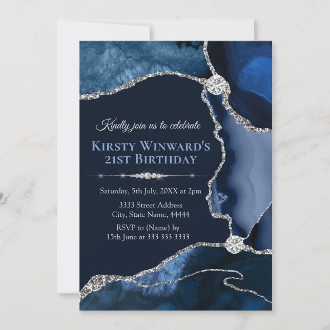 Convite Festa de Aniversário com Ágata Azul Marinho e Bril (Frente)