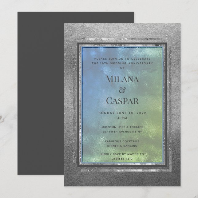 Convite Festa de Aniversário com Água Opala Prateada Brilh (Frente/Verso)