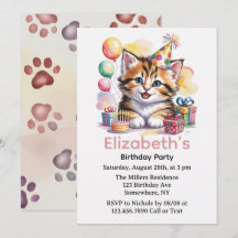 Festa de Aniversário com Aquarela de Gatinho Fofo