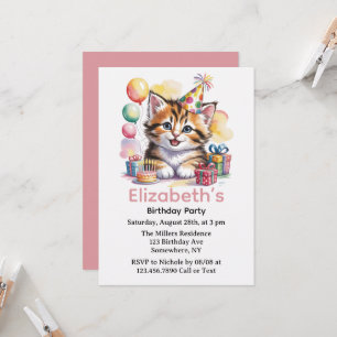 Convite Festa de Aniversário com Aquarela de Gatinho Fofo