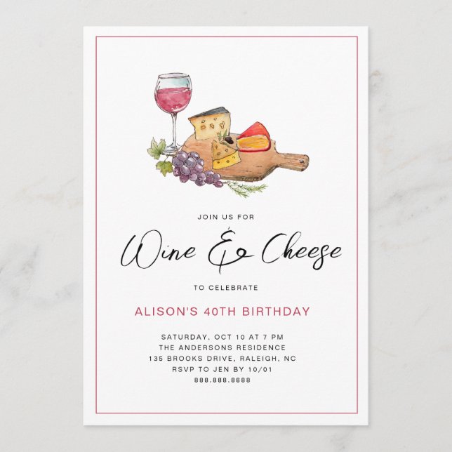 Convite Festa de Aniversário com aquarela de Vinho e Queij (Frente)