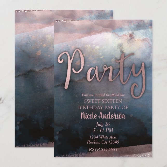 Convite Festa de Aniversário com Aquarela Moderna em Rosa  (Frente/Verso)