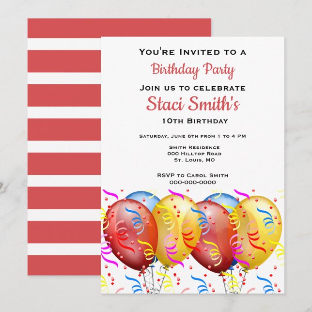 Convite Festa de Aniversário com Balões Menina 10  (Frente/Verso)