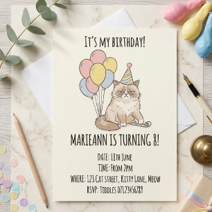 Convite Festa de Aniversário com Balões Pastéis e Gato Mal