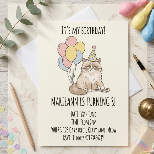 Convite Festa de Aniversário com Balões Pastéis e Gato Mal (Criador carregado)