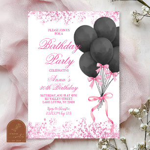 Convite Festa de Aniversário com Balões Preto e Rosa Brilh