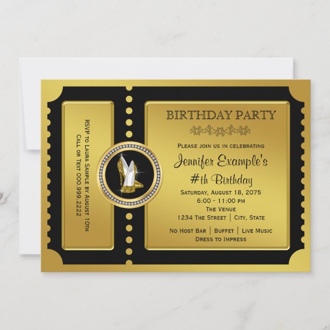 Convite Festa de Aniversário com Bilhete Dourado de Sapato (Frente)