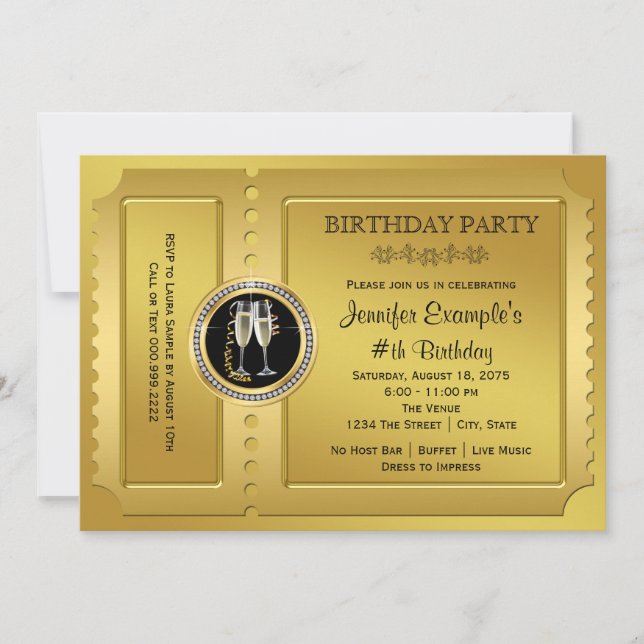 Convite Festa de Aniversário com Bilhete Dourado Elegante (Frente)