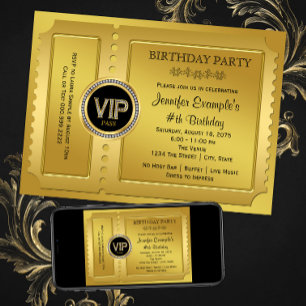 Convite Festa de Aniversário com Bilhete Dourado VIP Elega