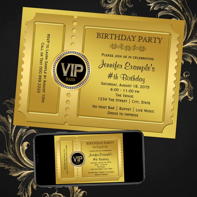 Convite Festa de Aniversário com Bilhete Dourado VIP Elega (Any number or event - add your own text. Instant download and printed invitations available. )