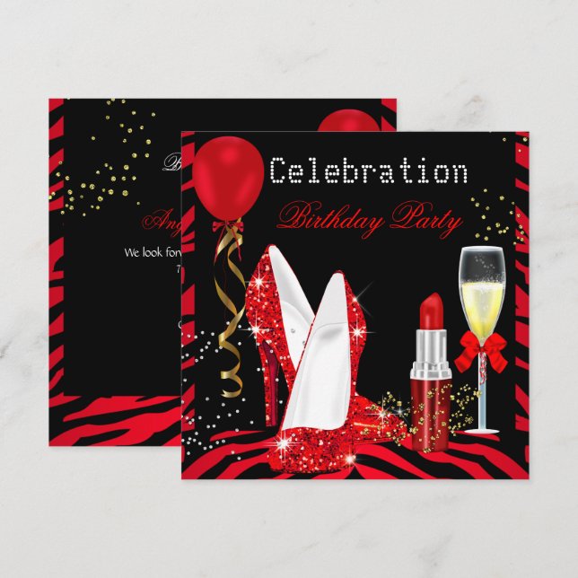 Convite Festa de Aniversário com Brilho de Lábios Vermelho (Frente/Verso)