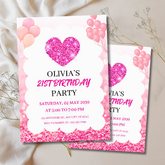 Convite Festa de Aniversário com Brilho Rosa e Balões