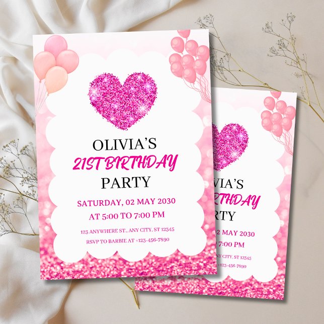 Convite Festa de Aniversário com Brilho Rosa e Balões (Pink Glitter & Balloons Birthday Party Invitation
)