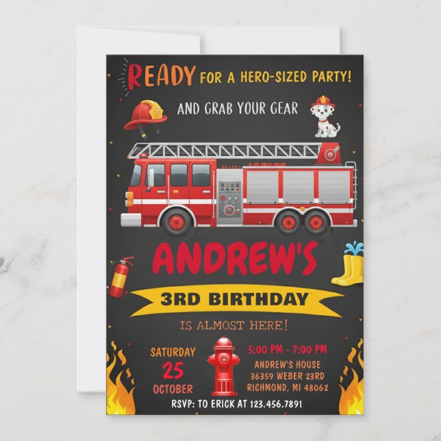 Convite Festa de Aniversário com Caminhão de Bombeiros Mod (Frente)