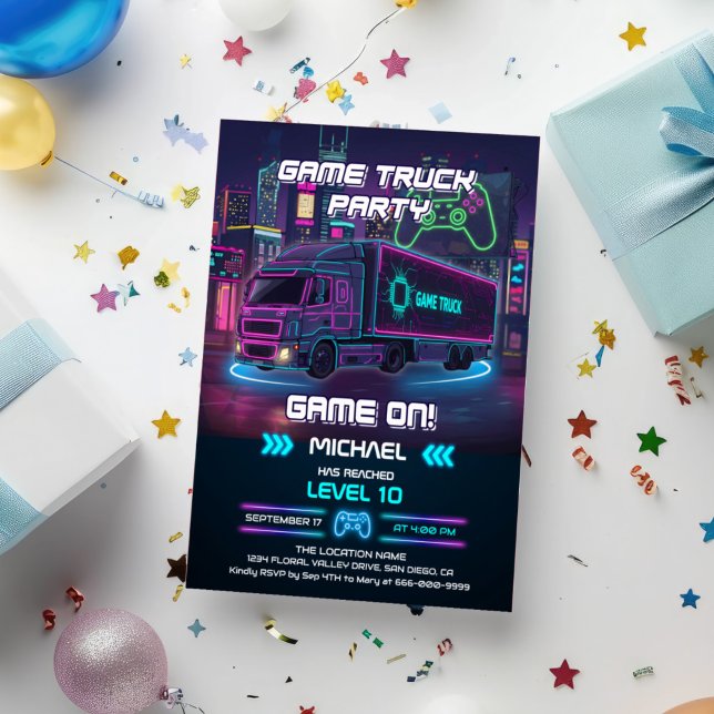 Convite Festa de Aniversário com Caminhão de Vídeo Game pa (Game Truck Birthday Party Invitation)