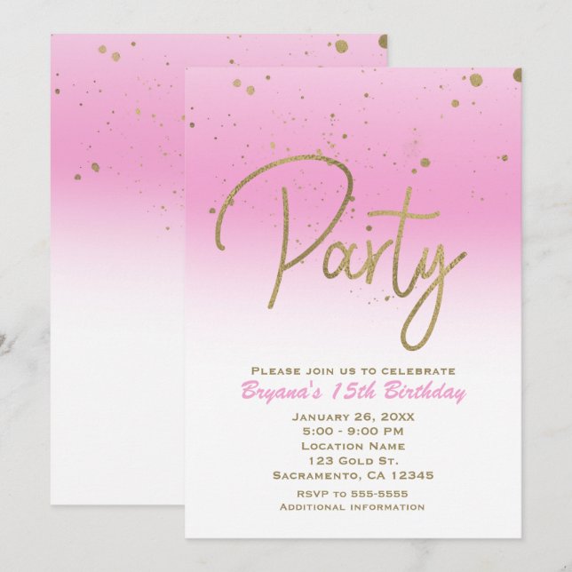 Convite Festa de Aniversário com Confetes Pink & Gold Mode (Frente/Verso)