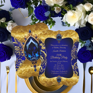 Convite Festa de Aniversário com Damasco Dourado Azul Real