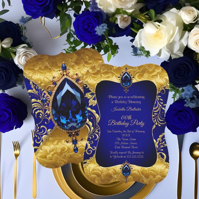 Convite Festa de Aniversário com Damasco Dourado Azul Real (Criador carregado)