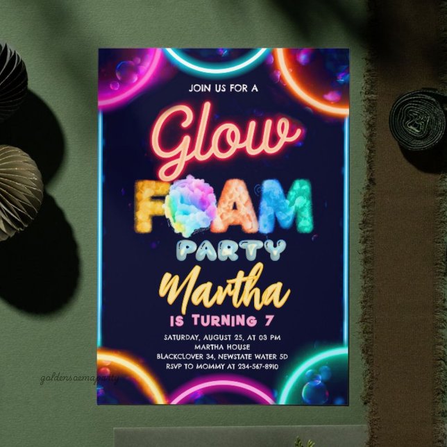 Convite Festa de Aniversário com Espuma Neon Glow - Bolhas (Neon Glow Foam Party Birthday - Color Bubbles Glow Invitation
)