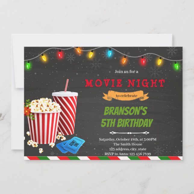 Convite Festa de aniversário com filme de Natal à noite (Frente)