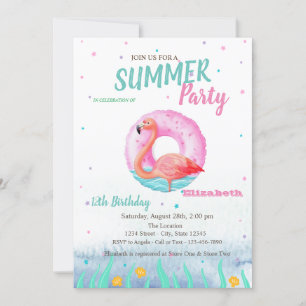 Convite Festa de Aniversário com Flutuador de Flamingos Ro
