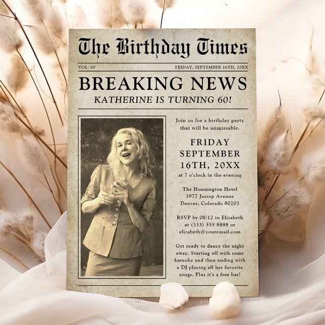 Convite Festa de Aniversário com Foto de Jornal Antigo (Criador carregado)