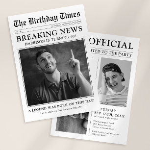 Convite Festa de Aniversário com Foto de Jornal Estilo Ant