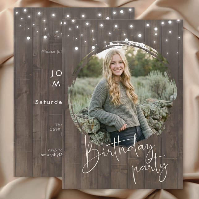 Convite Festa de Aniversário com Foto em Madeira Rústica d (Rustic Barn Wood Photo Birthday Party Invitation)