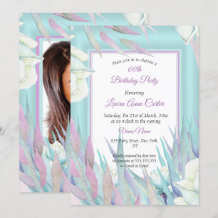 Convite Festa de Aniversário com Foto Floral Roxo Azul Tur