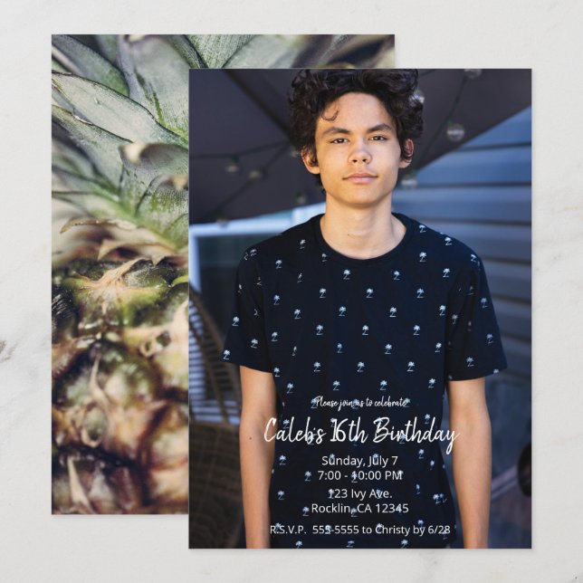 Convite Festa de Aniversário com Foto Moderna de Abacaxi T (Frente/Verso)