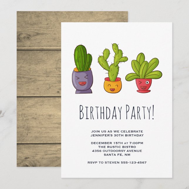 Convite Festa de Aniversário com Ilustração de Três Cactos (Frente/Verso)