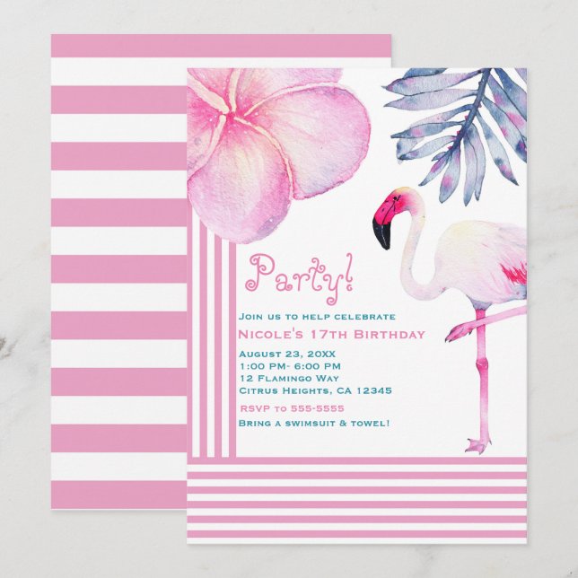 Convite Festa de Aniversário com Listras Rosa e Branco de  (Frente/Verso)
