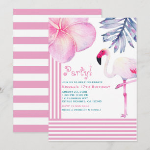 Convite Festa de Aniversário com Listras Rosa e Branco de