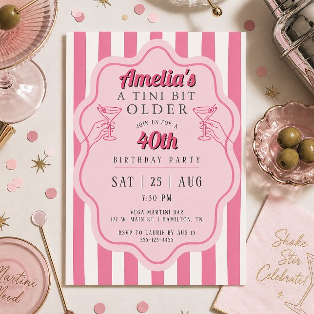 Convite Festa de Aniversário com Martini de Listra Rosa Re (Retro Pink Stripe Martini Birthday Party Invitation)