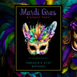 Convite Festa de Aniversário com Máscaras de Mardi Gras Bl