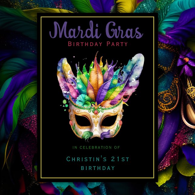 Convite Festa de Aniversário com Máscaras de Mardi Gras Bl (Criador carregado)
