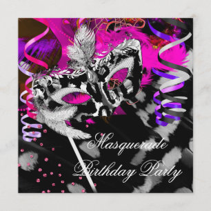 Convite Festa de Aniversário com Máscaras Preto Prata Rosa