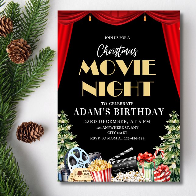 Convite Festa de Aniversário com Noite de Cinema de Natal  (Criador carregado)