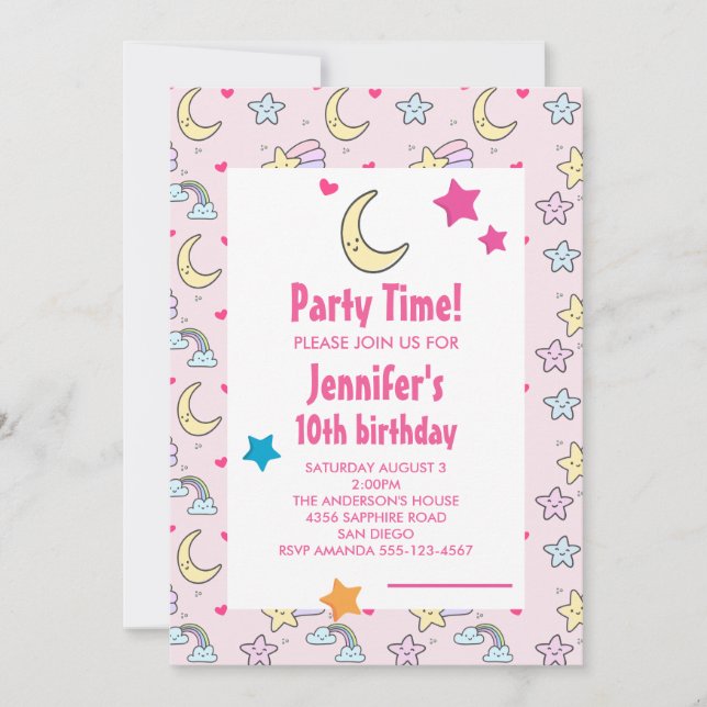 Convite Festa de Aniversário com Padrão de Lua, Estrelas e (Frente)