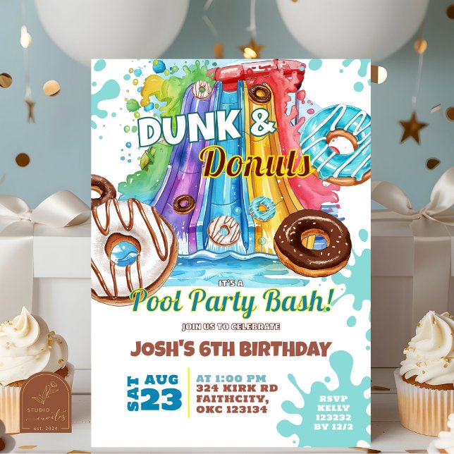 Convite Festa de Aniversário com Piscina de Tobogã de Donu (Criador carregado)