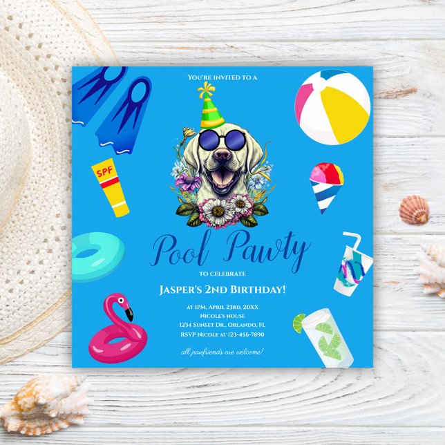 Convite Festa de Aniversário com Piscina para Cachorros (Dog Pool Party Birthday Invitation)